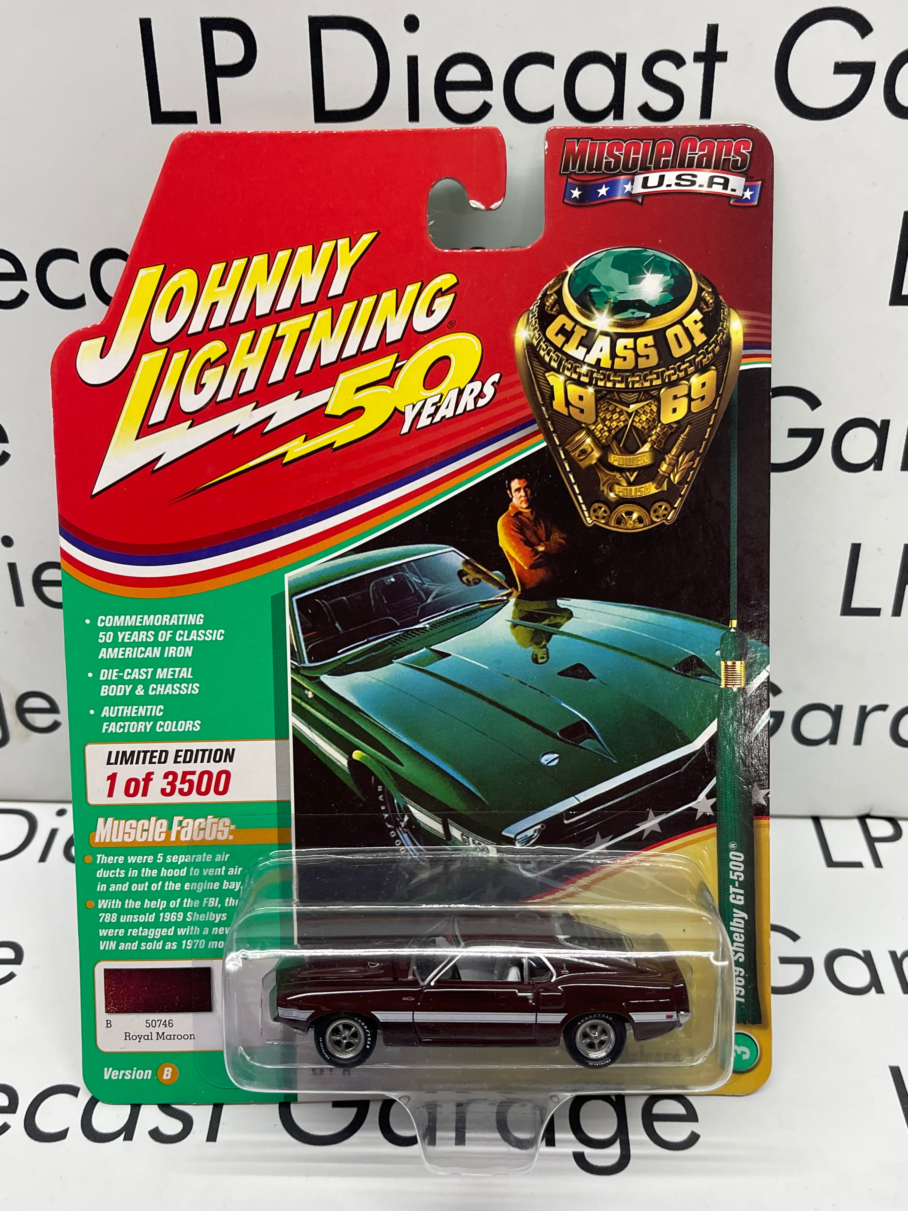 JOHNNY LIGHTNING 1969 Ford Mustang Shelby GT500 Royal Maroon Muscle Ca ...