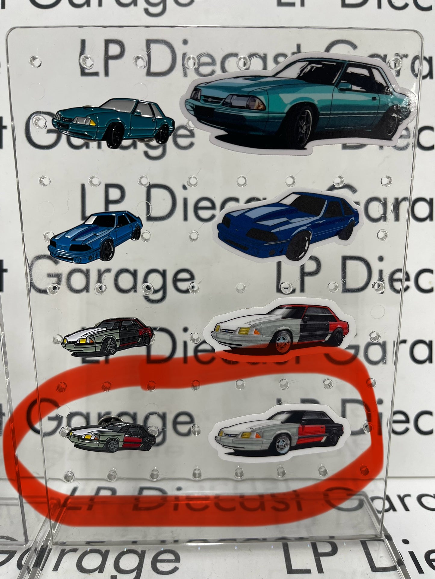 LP Diecast Garage 1987-1993 Ford Mustang Foxbody Hat Pin and Sticker Set Diecast Metal *Your choice of color*