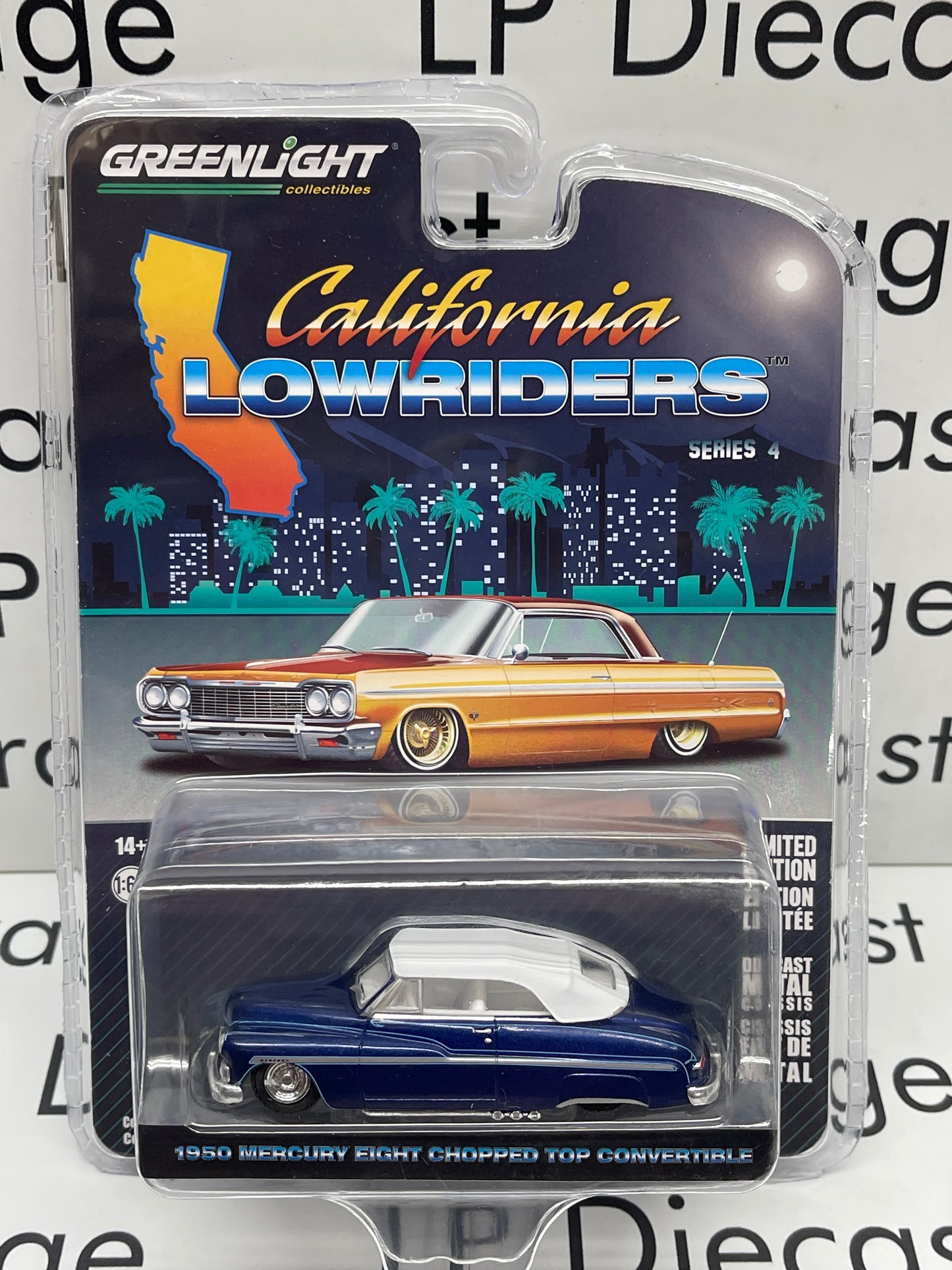 GREENLIGHT 1950 Mercury Eight Chopped Top Convertible Blue California Lowriders 1:64 Diecast