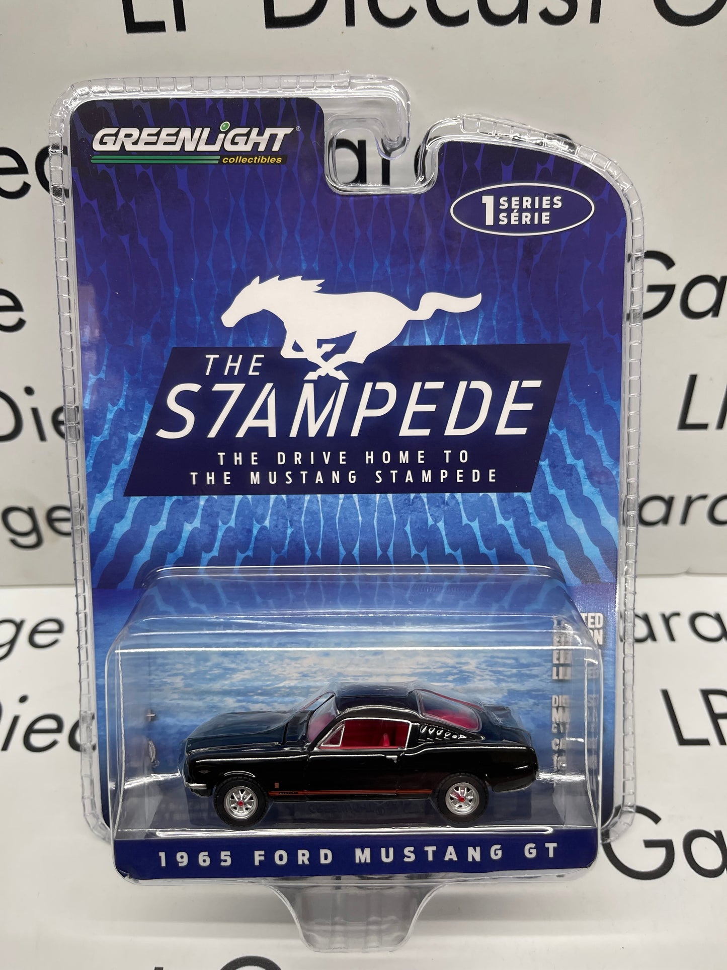 GREENLIGHT 1965 Ford Mustang GT Raven Black with Red Stripes The Stampede Series 1:64 Diecast