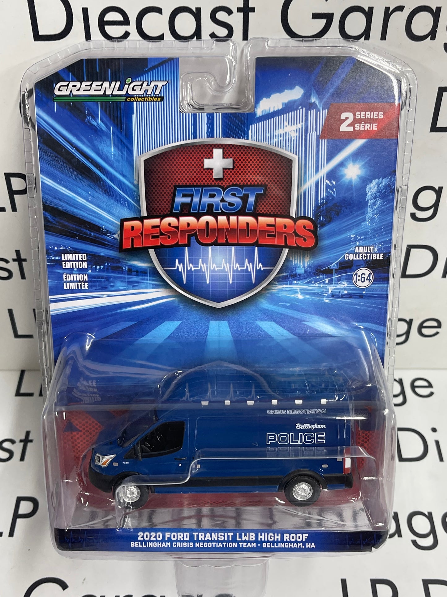 GREENLIGHT 2020 Ford Transit High Roof Bellingham Police 1:64 Diecast First Responders