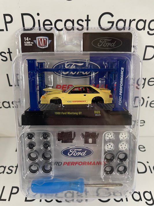 M2 Machines 1988 Ford Mustang GT Ford Performance Yellow Model Kit with Lift 1:64 Diecast