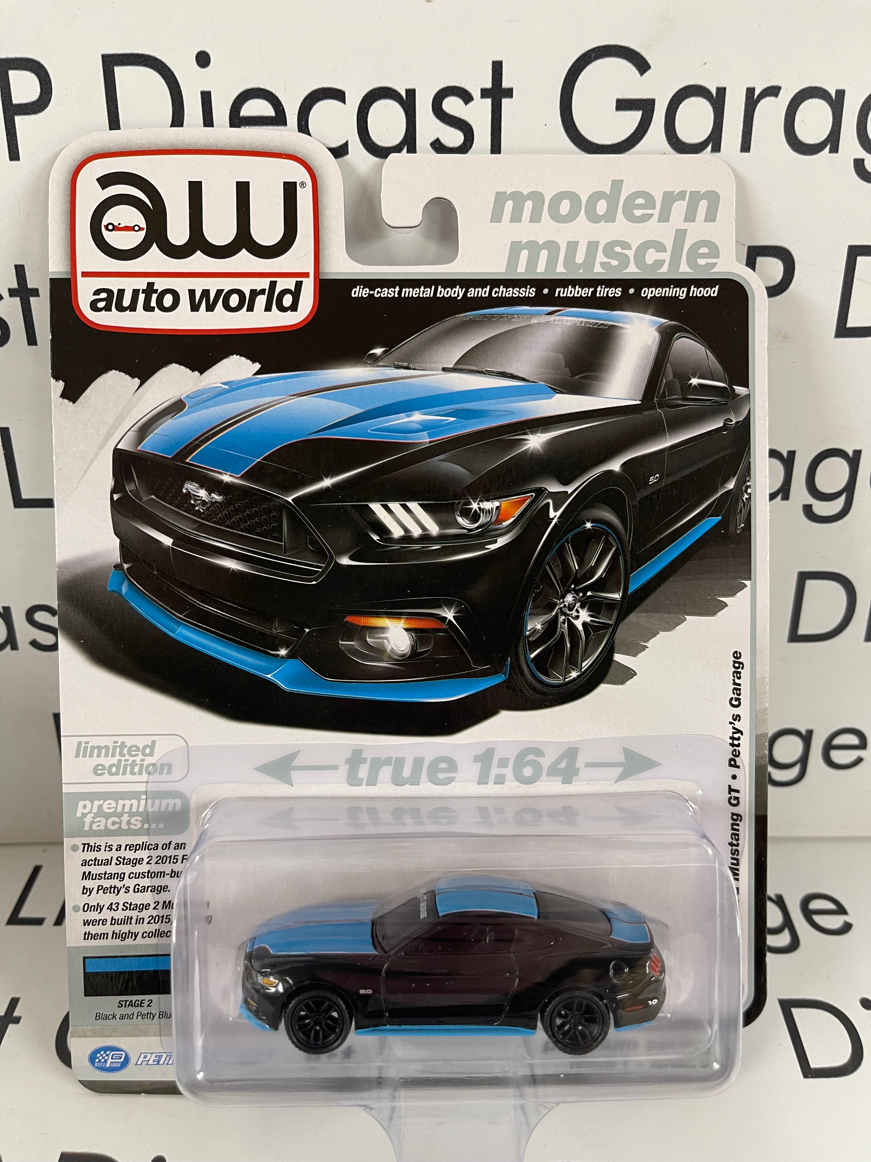 AUTO WORLD 2015 Ford Mustang GT Petty s Garage Black Petty Blue 1 64 Diecast