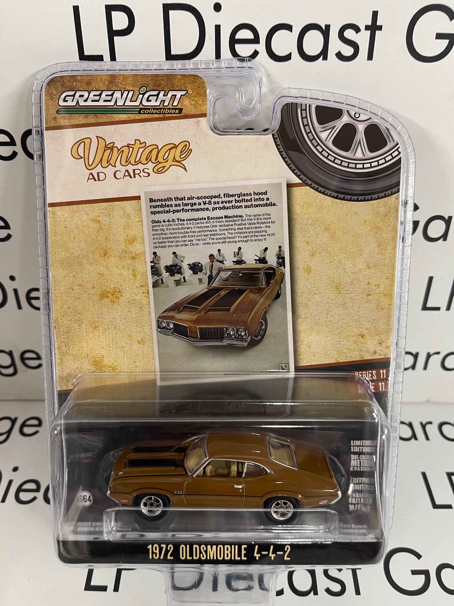 GREENLIGHT 1972 Oldsmobile 442 Brown w/ Hood Stripes 1:64 Diecast Vintage Ad Cars