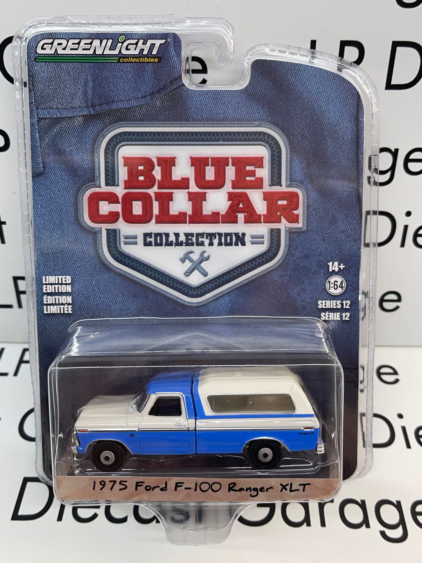GREENLIGHT 1975 Ford F-100 Ranger XLT with Cap Wind Blue & White Blue Collar Collections 1:64 Diecast