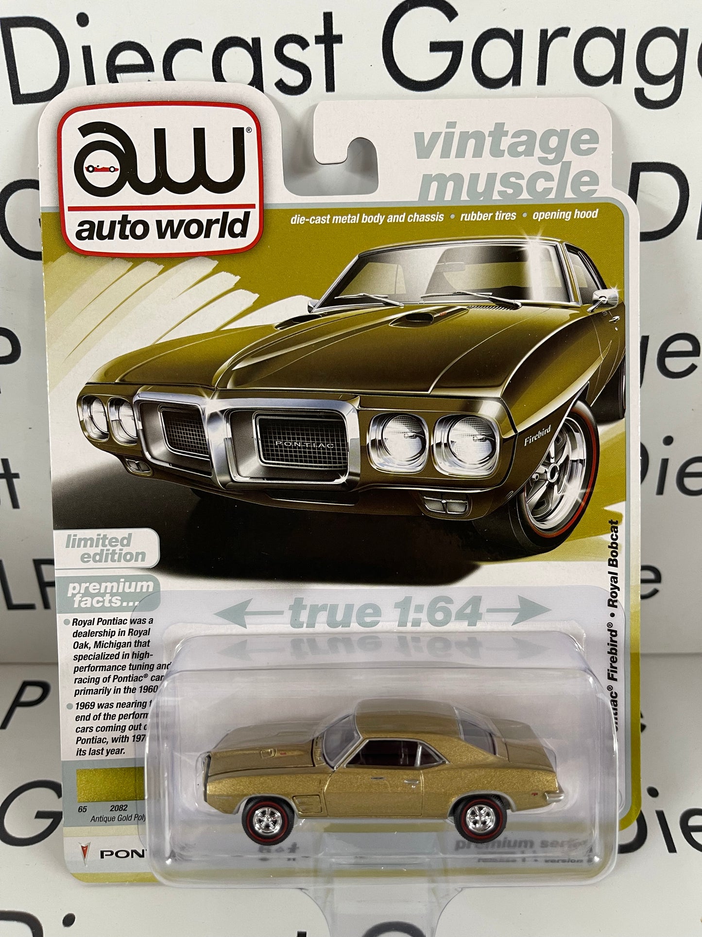 AUTO WORLD 1969 Pontiac Firebird Royal Bobcat Antique Gold Poly 1:64 Diecast