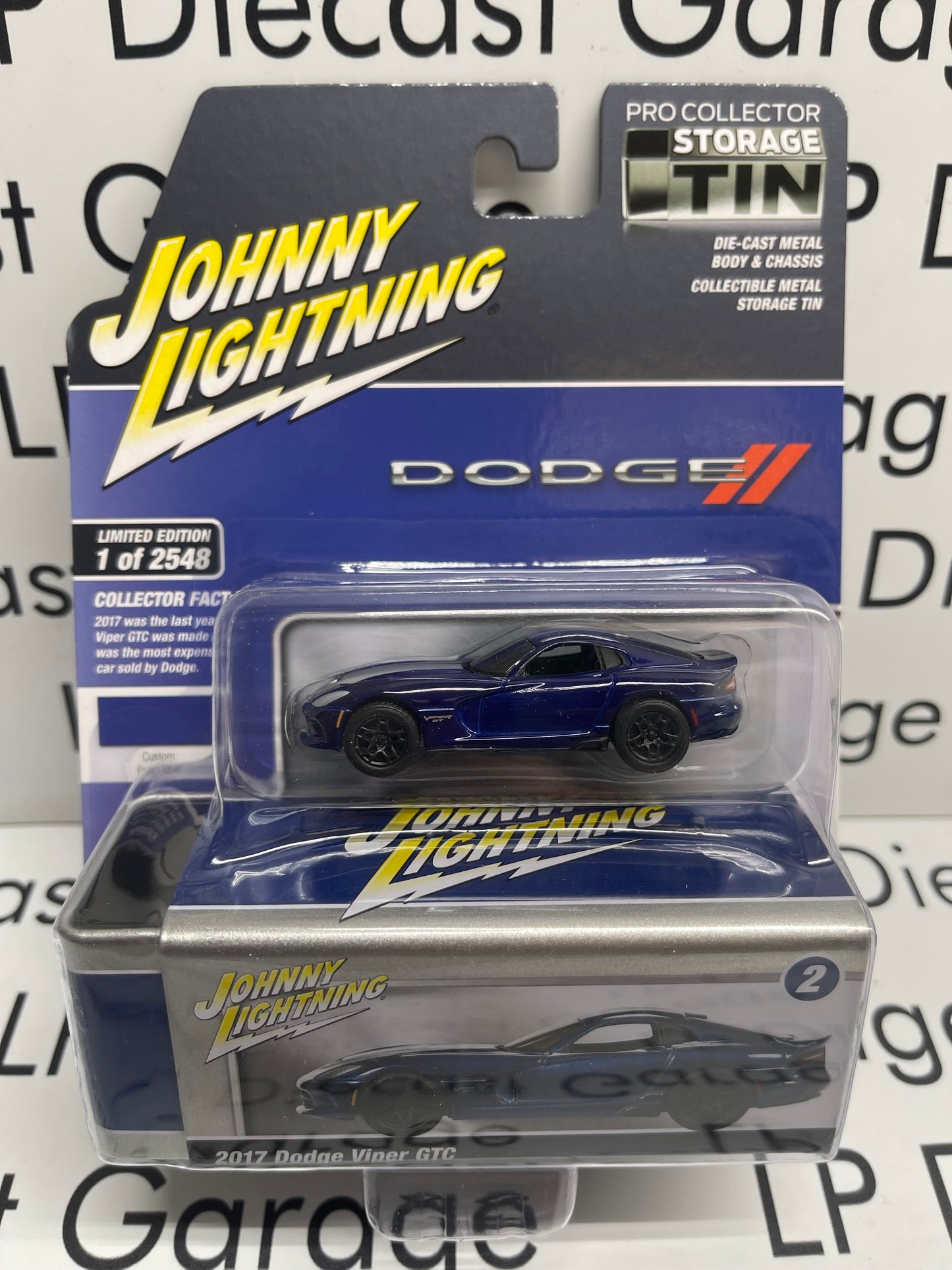 JOHNNY LIGHTNING 2017 Dodge Viper GTC Custom Blue w/ White Stripes Collector Tin 1:64 Diecast