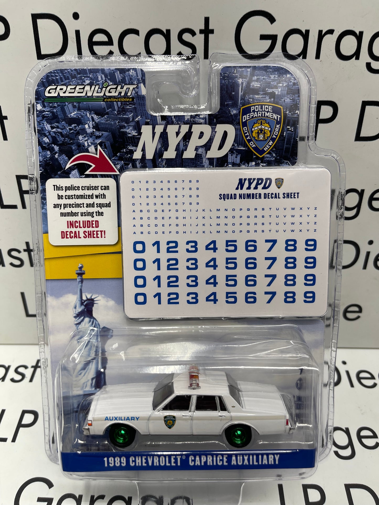 GREENLIGHT *GREEN MACHINE* 1989 Chevrolet Caprice Auxiliary NYPD Police w/ Decal Sheet 1:64 Diecast