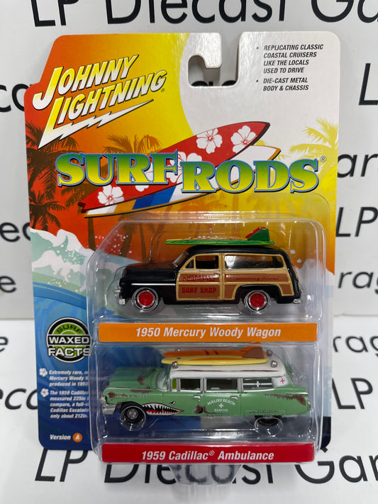 JOHNNY LIGHTNING Surf Rods 2 Pack 1950 Mercury Woody Wagon & 1959 Cadillac Ambulance Version A 1:64 Diecast