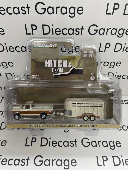 GREENLIGHT 1991 Ford F-250 Lariat w/ Livestock Trailer Beige 1:64 Diecast Hitch & Tow