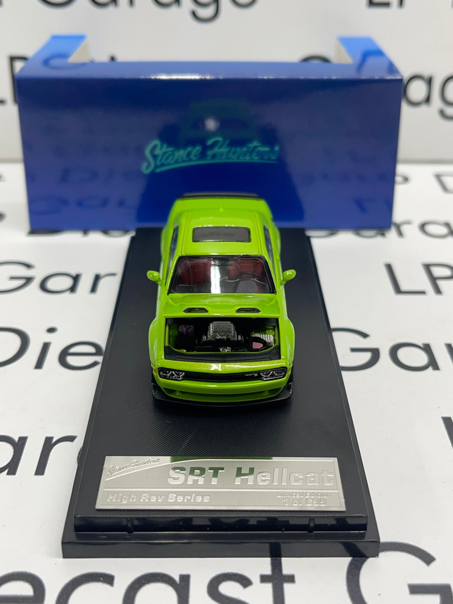 STANCE HUNTER 2023 Dodge Challenger SRT Hellcat Green with Red Interior Opening Hood 1:64 Diecast