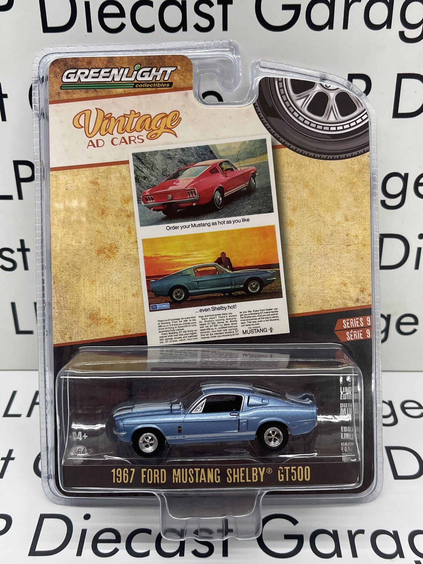 GREENLIGHT 1967 Ford Mustang Shelby GT500 Blue Vintage Ad Cars 1:64 Diecast