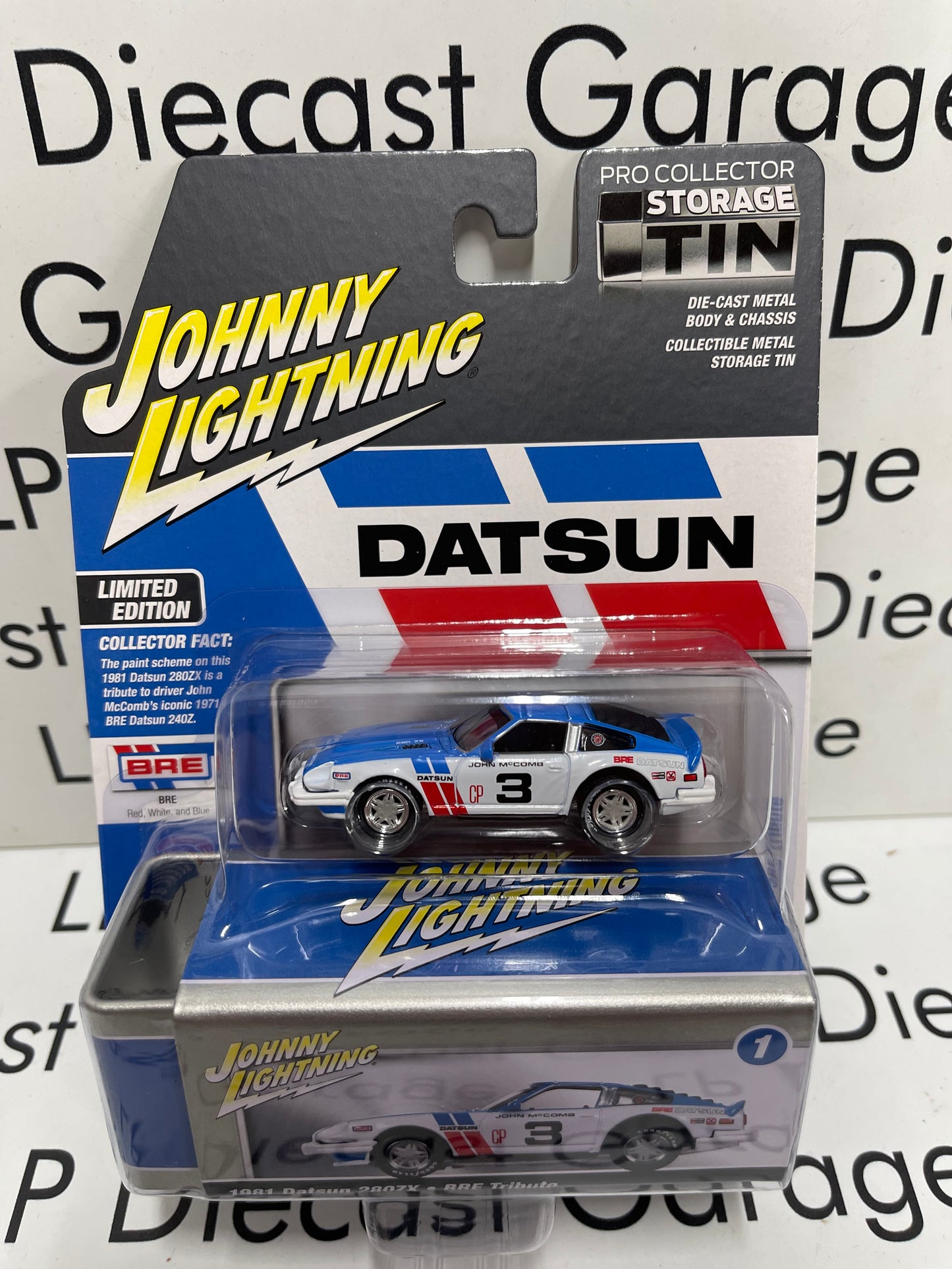 JOHNNY LIGHTNING 1981 Datsun 280ZX BRE Tribute Blue Pro Collector Tin 1:64 Diecast