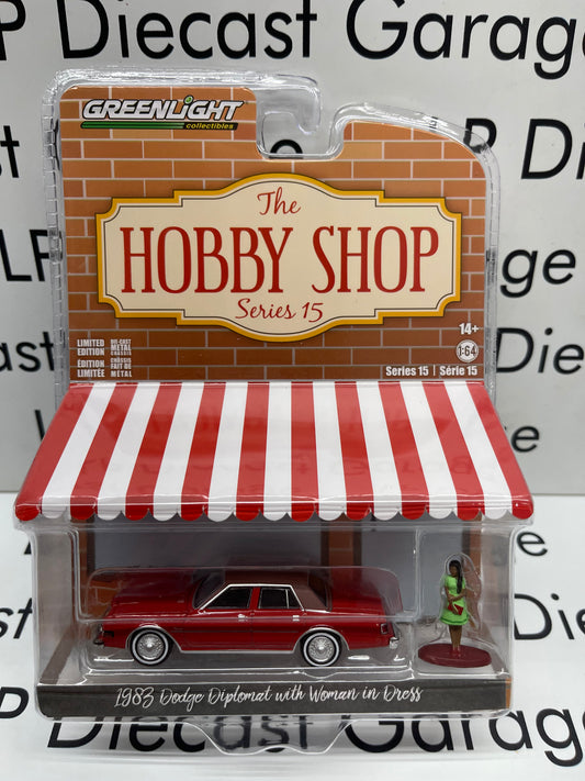 GREENLIGHT 1983 Dodge Diplomat & Woman Red Hobby Shop 1:64 Diecast