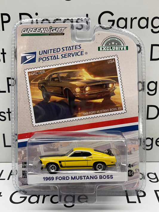 GREENLIGHT 1969 Ford Mustang Boss 302 Yellow United States Postal Service Stamps 1:64 Diecast