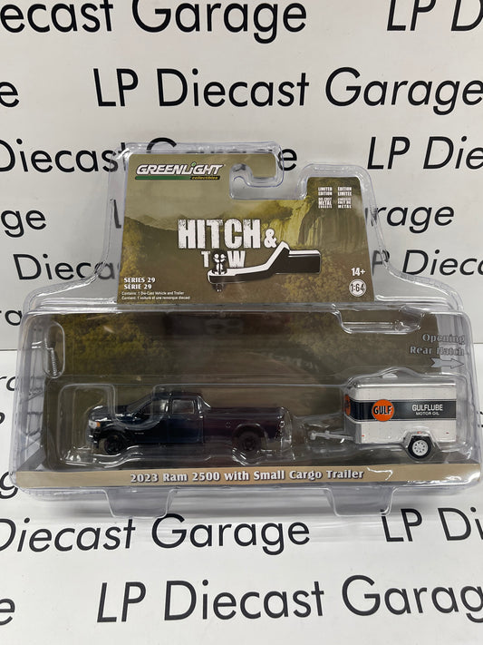 GREENLIGHT 2023 Ram 2500 Dark Blue with Cargo Trailer Gulf Oil Hitch & Tow Set 1:64 Diecast