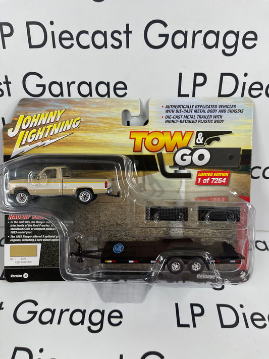 JOHNNY LIGHTNING 1983 Ford Ranger w/ Open Trailer Tow & Go Light Desert Tan 1:64 Diecast