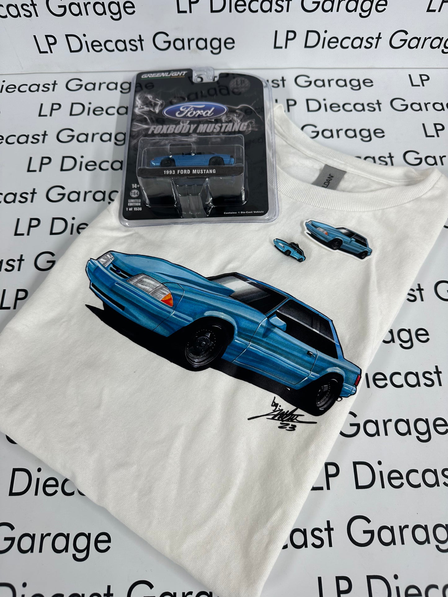 LP Diecast Garage Exclusive T-Shirt Light Blue Mustang Coupe White T-SHIRT ONLY