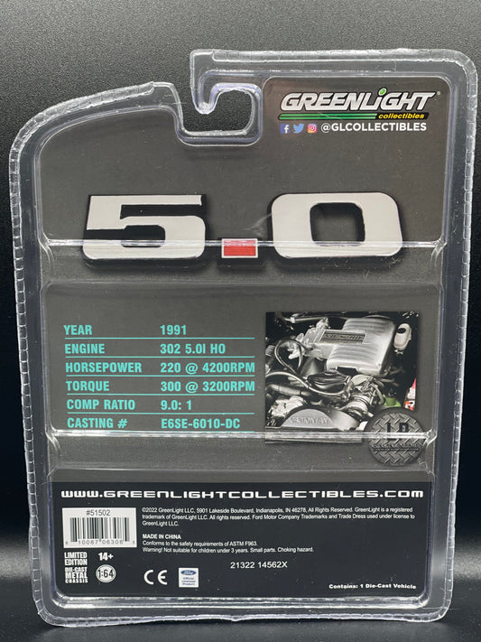 GREEN MACHINE CHASE GREENLIGHT 1991 Ford Mustang 5.0 LX Calypso LP 1:64 Diecast