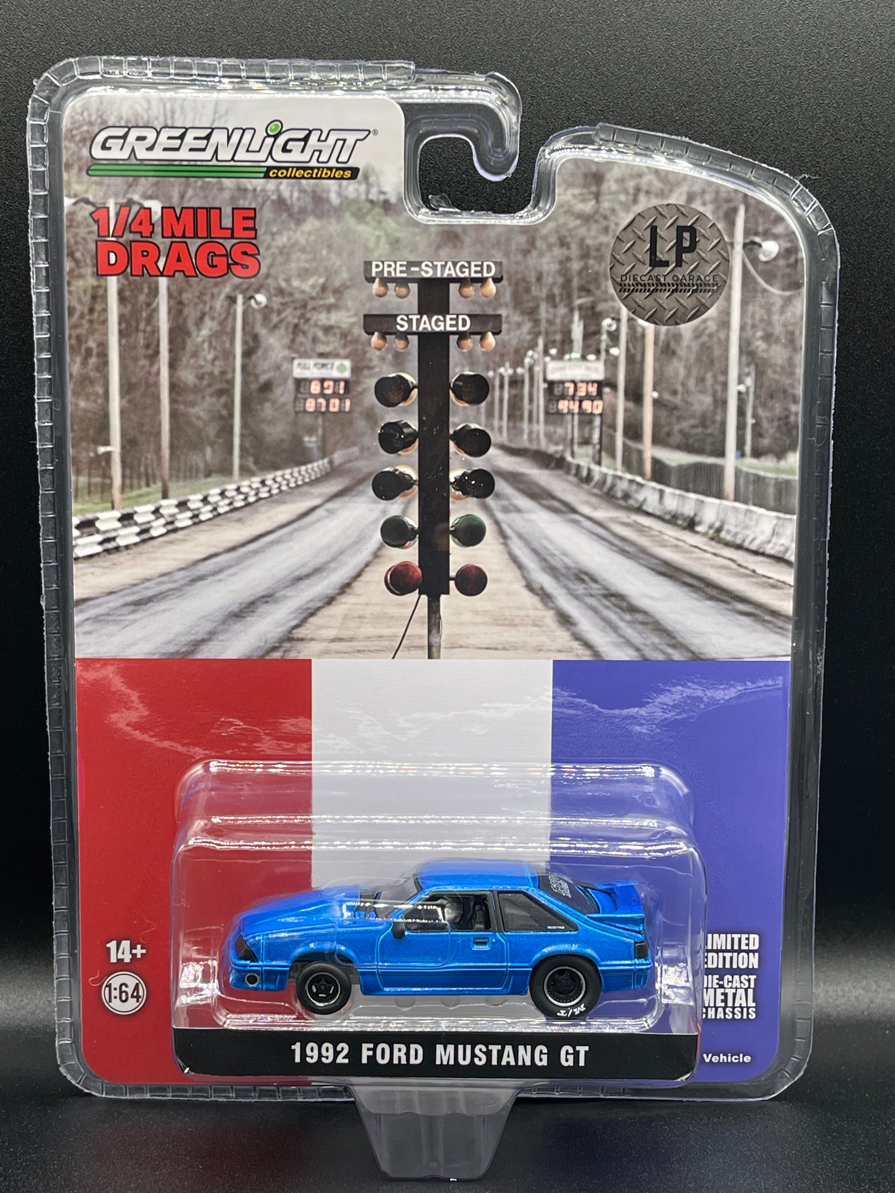 GREENLIGHT 1992 Ford Mustang GT Metallic Blue Drag Car LP Diecast Gara ...